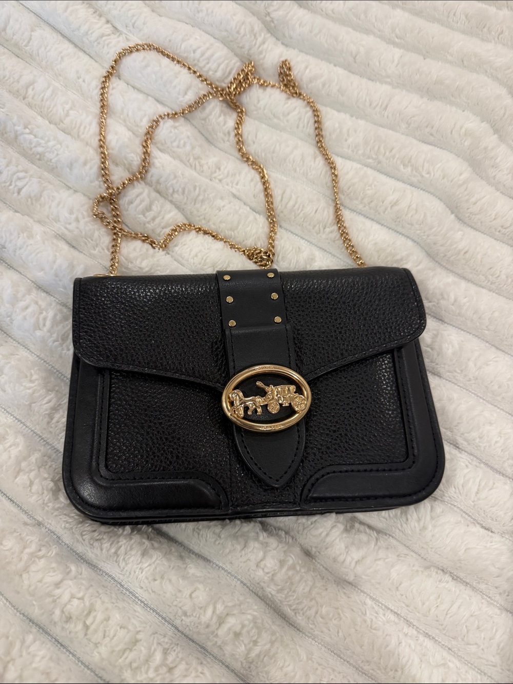 Coach GeorgieBlack Leather Crossbody with Gold Chain and Horse & Carriage Emblem